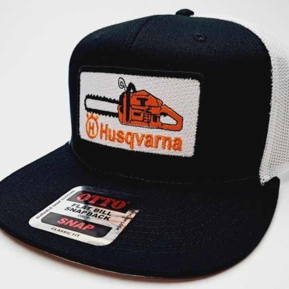 Husqvarna Chainsaws Embroidered Patch Flat Bill Trucker Mesh Snapback Cap Hat - Picture 1 of 4